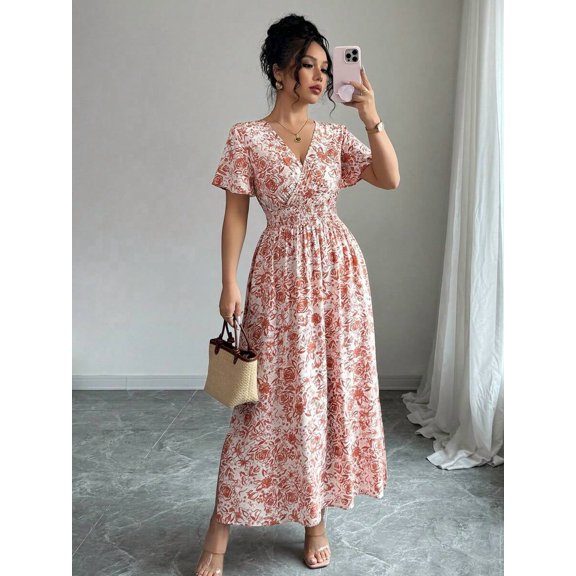 Womens Orange Floral Print V-Neck Short Sleeve Wrap Style Maxi Dress