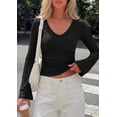 thumbnail image 3 of PRETTYGARDEN Women Fall Long Bell Sleeve Shirts Ribbed V Neck Fitted Ruched Trendy Y2K Going Out Tee Tops Summer Clothes, 3 of 10