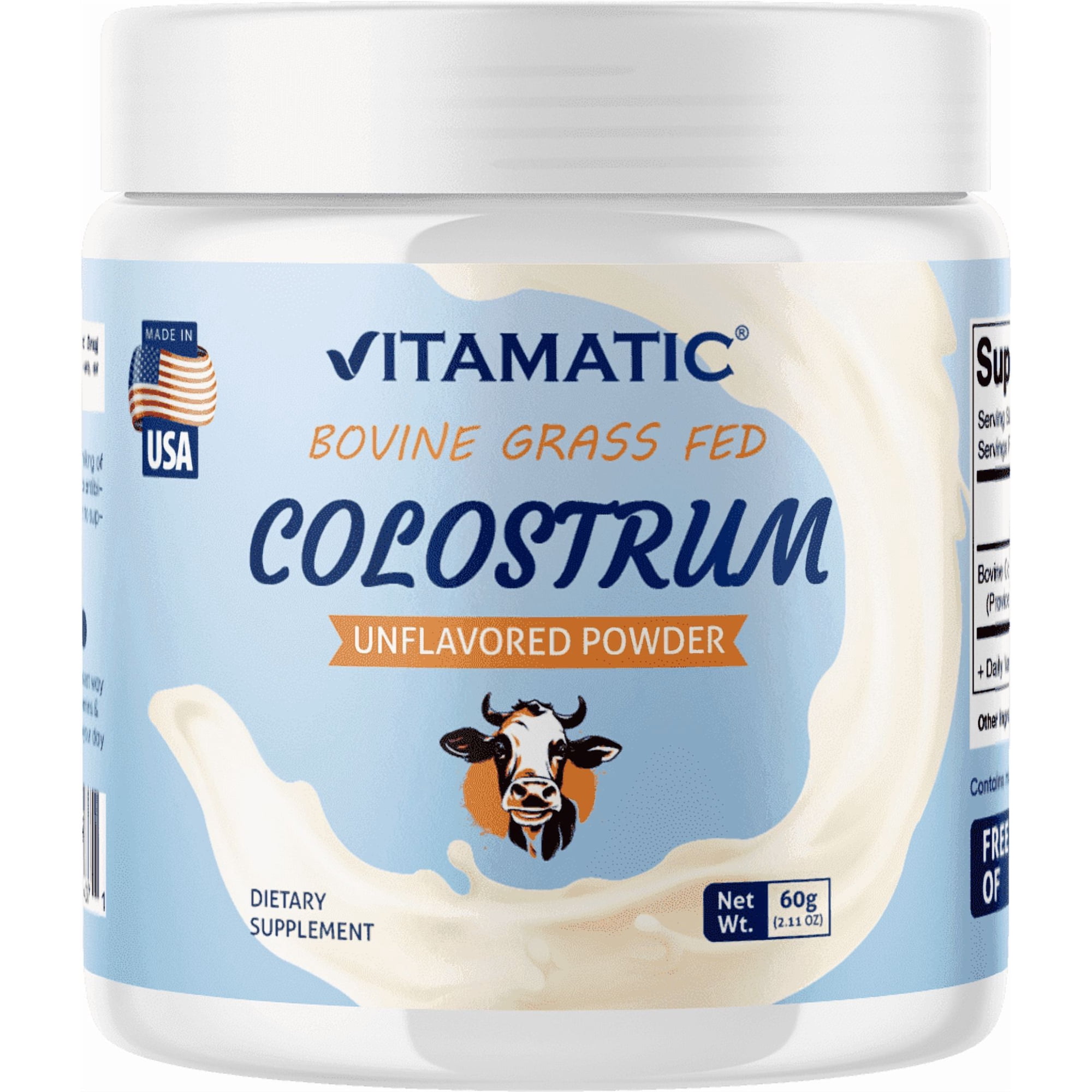 Vitamatic Bovine Colostrum 30% IgG Powder - Supplement for Gut Health, Hair Growth, Beauty, Muscle Recovery, & Immune Support - Easy to Mix - 60 Gram - 30 Servings (Unflavored)