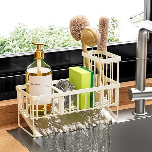 Off White Sponge Holder for Kitchen Sink, Sink Caddy Organizer with High Brush Holder, Kitchen Countertop Rustproof 304 Stainless Steel, Soap Dispenser Kitchen Organizers and Storage Essentials