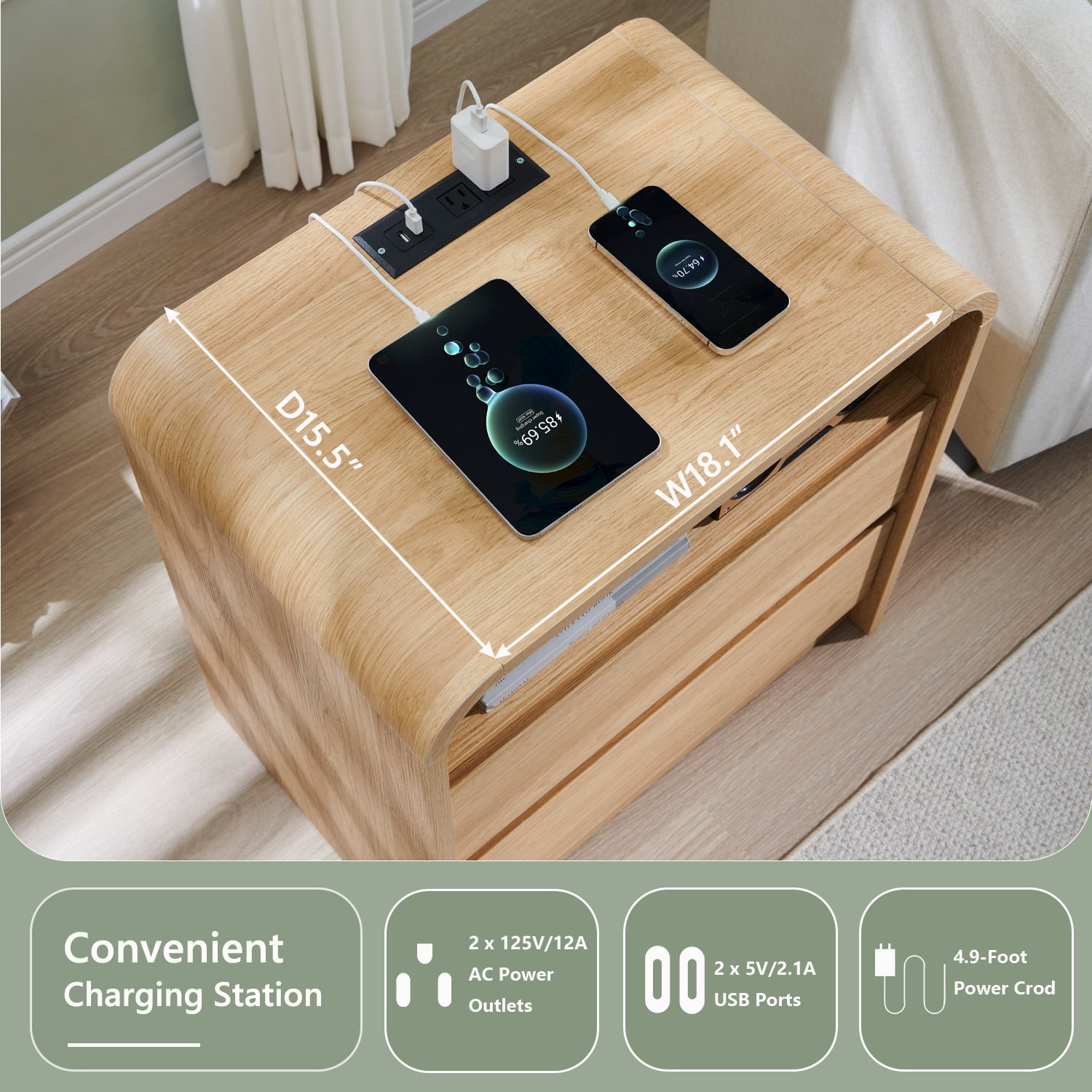wow97e 2 Drawers Bedside Table, Modern Nightstand with Charging Station, Curved Profile Design, Mid Century End Table for Bedroom, Living Room