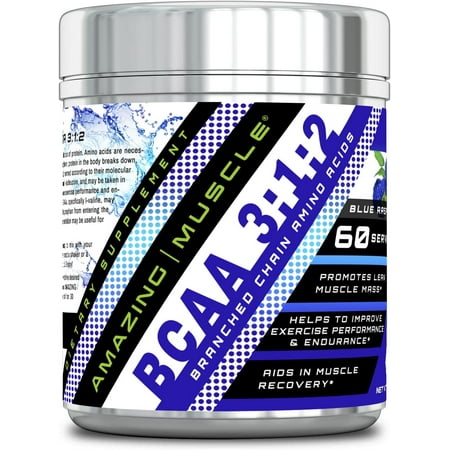 Amazing Muscle BCAA 3-1-2-60 Servings with Enhanced Chain Amino Acids Like L-Leucine, L-Valine, L-Isoleucine and More -Promotes Lean Muscle Mass-Helps to Improve Exercise Performance(Blue Raspberry)