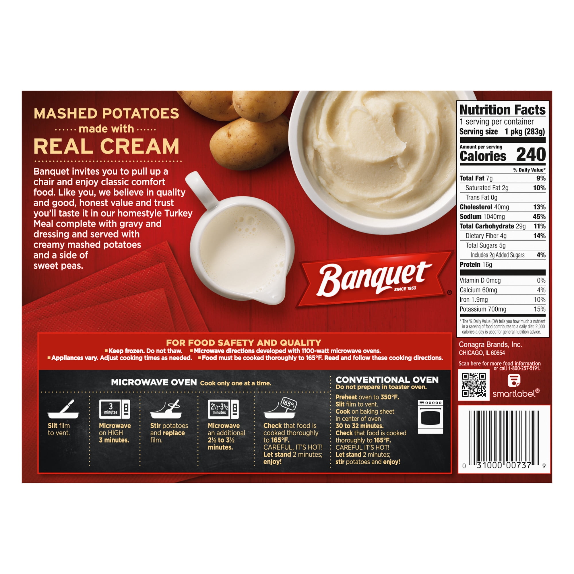 Banquet Turkey Meal with Mashed Potatoes, 16g Protein, Frozen Meal, 10 oz.