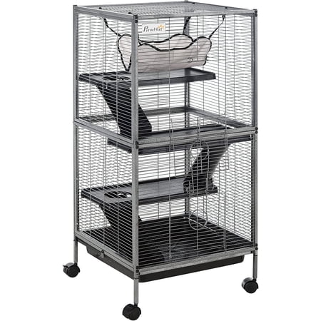 Metal Small Animal Cage, 4-Tiers Rolling Big Ferret Cage with Hammock, Removable Tray, for Chinchilla, Sugar Glider, Gray