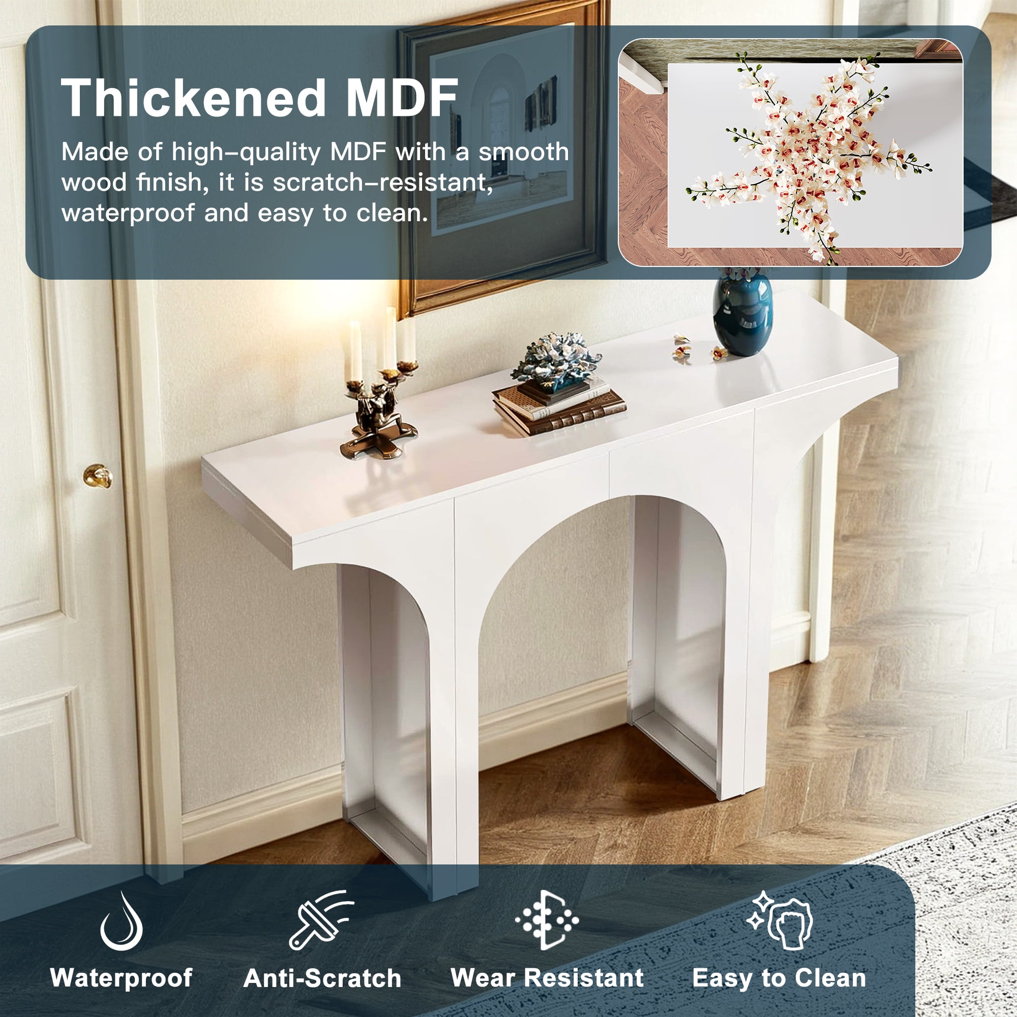 Demi Bonn 47" Console Table, Wooden Entryway Table Sofa Table with Arch Base for Hallway, Bedroom, Living Room, White