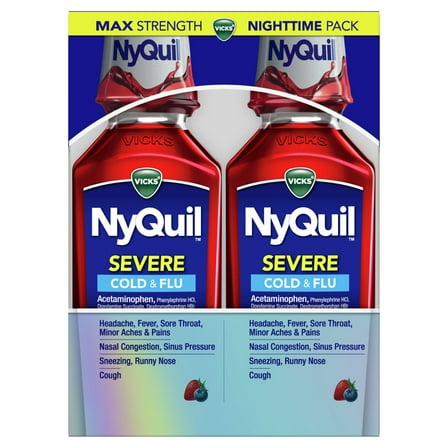 Vicks NyQuil Severe Cold and Flu Liquid, Nighttime Cold and Flu Medicine, Berry, 2x12 Fl oz