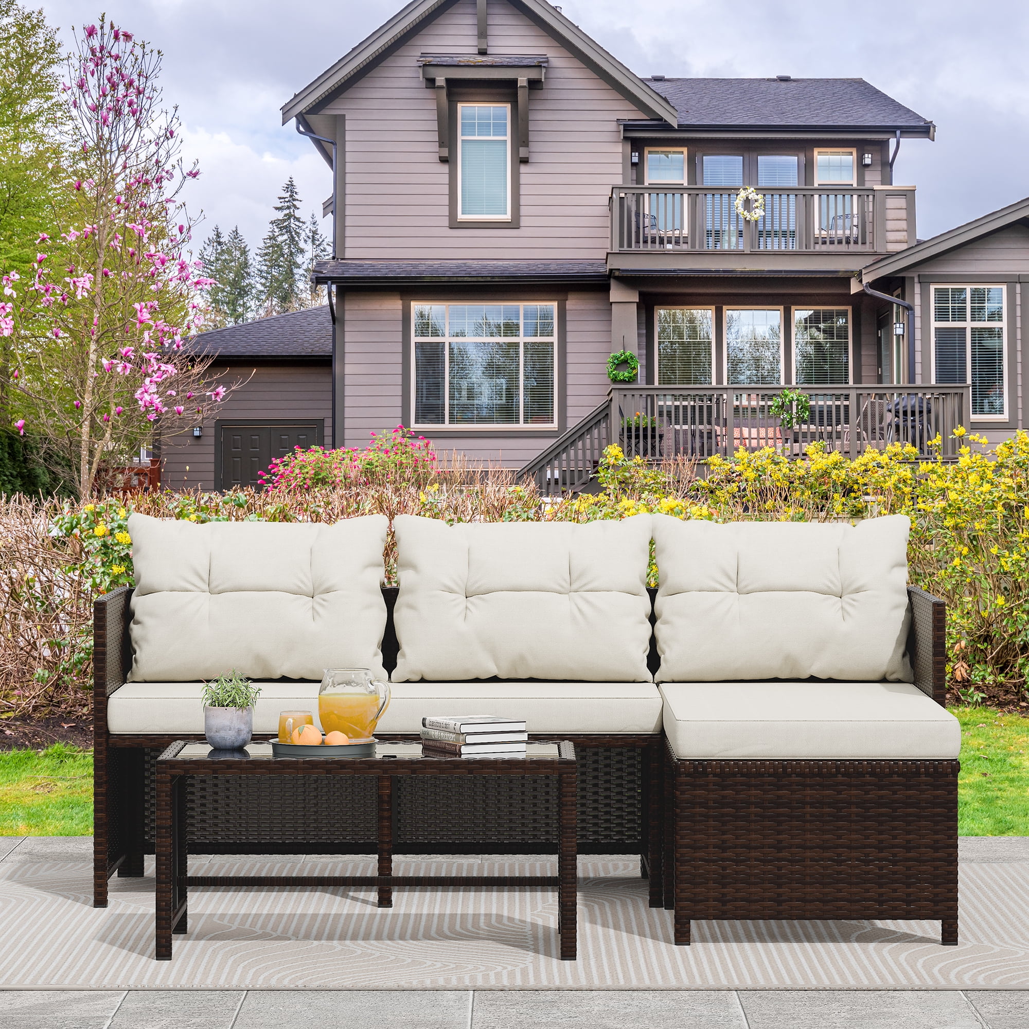 Walsunny 3 Pieces Patio Furniture Sectional Set, All-Weather Wicker Rattan Outdoor Furniture Set with Cushion and Glass Coffee Table, Patio Conversation Set for Garden, Backyard, Pool,Beige