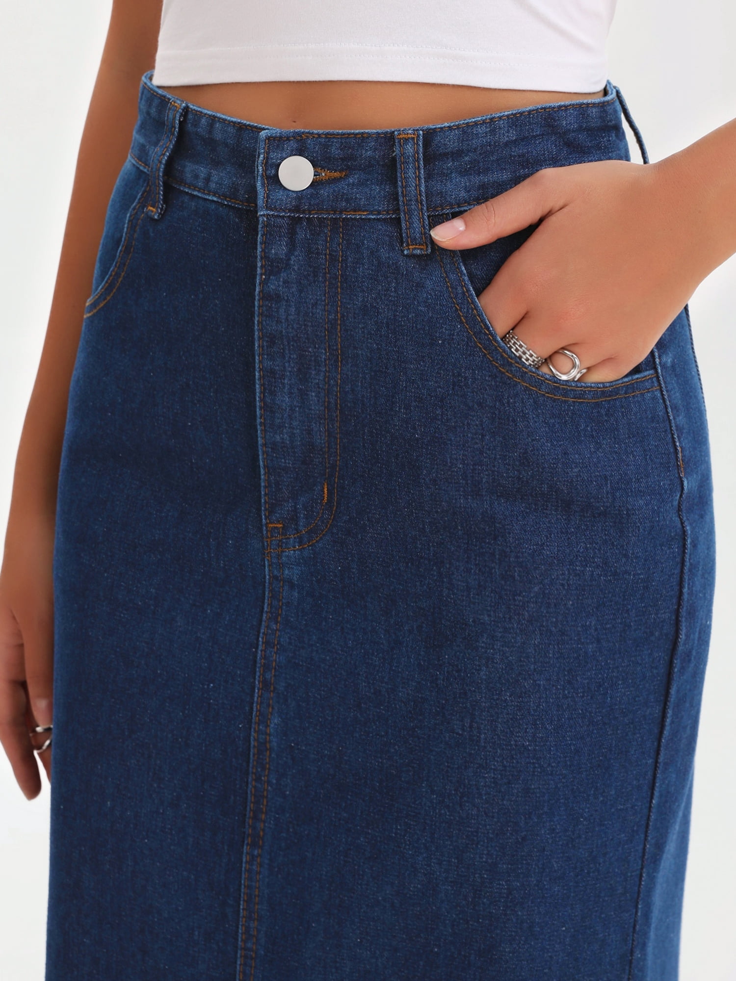 DARING DIVA Women's Denim Maxi A Line Raw Hem Jean Skirt X-Large Deep Blue