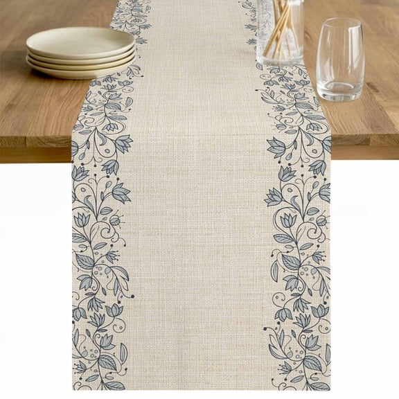 Blue Flower Table Runner - 48 Inch Long Spring Farmhouse Country Floral Plant Beige Cotton and Linen Blended Dress Scarves Farmhouse Table Runner for Kitchen Dining, Coffee Table, 13" x 48"
