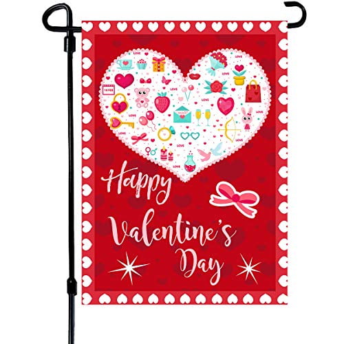 VIEKEY Valentines Day Flag Hearts Burlap Linen Valentines Garden Flag