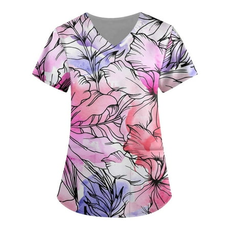 

Women s Scrub Top Fashion Short Sleeve V-Neck Working Uniform Tops Fashion Printing Nurse Blouses with Pockets