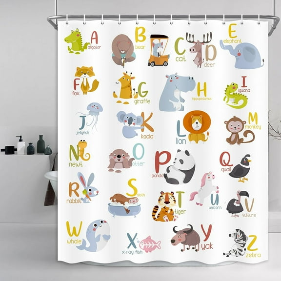 Animal Shower Curtain for Kids, Alphabet Learning Shower Curtain Nursery Giraffe Crocodile Hippo Zebra Monkey Cartoon Bath Curtains, Waterproof Bathroom Sets for Children with Hooks,70X70IN