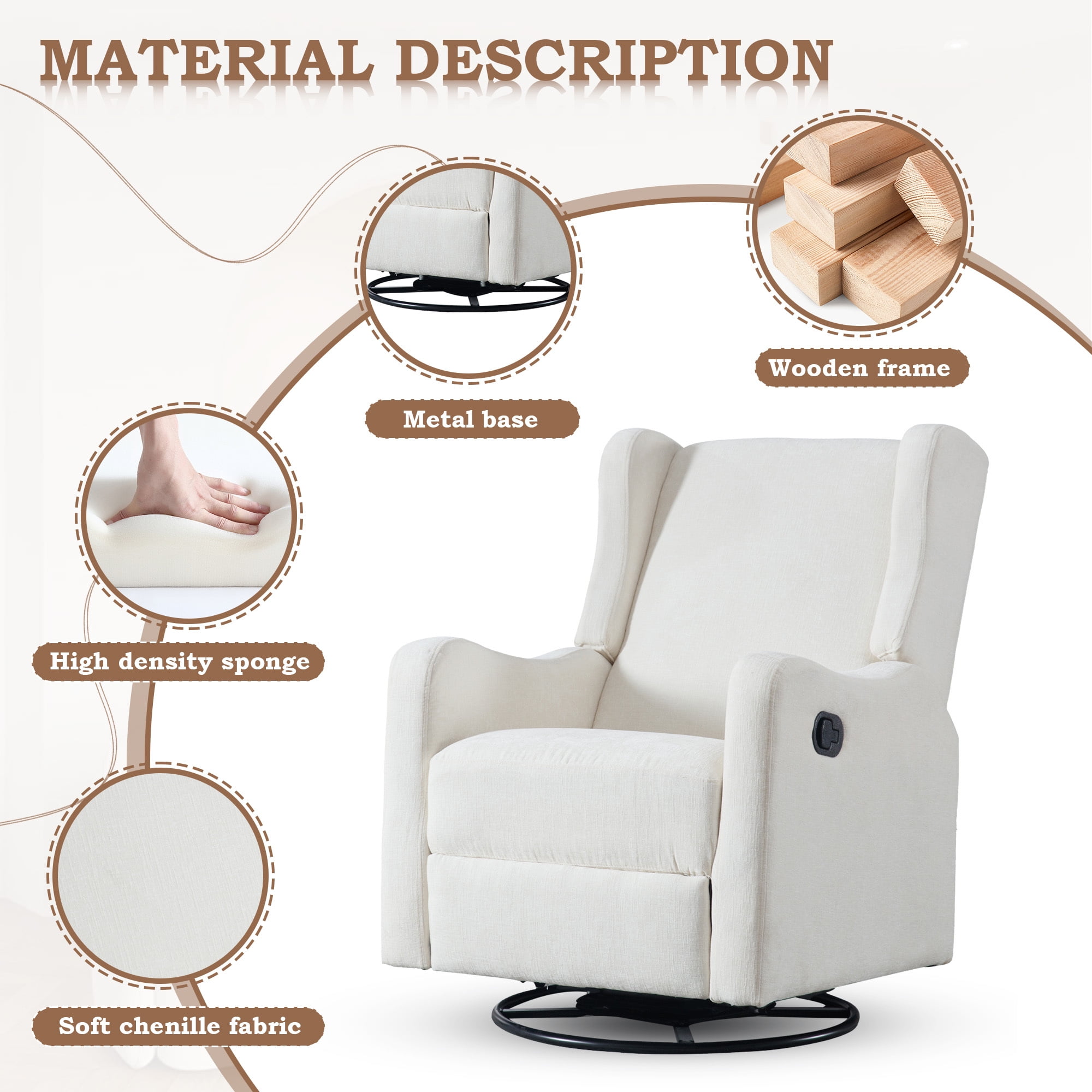 Lunale Swivel Glider Rocking Chair for Nursery, Wingback Upholstered Glider Rocker for Living Room, Beige Chenille Fabric