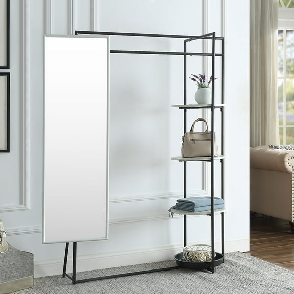 Furniture of America Haan Metal 4-Shelf Coat Stand with Mirror, Black