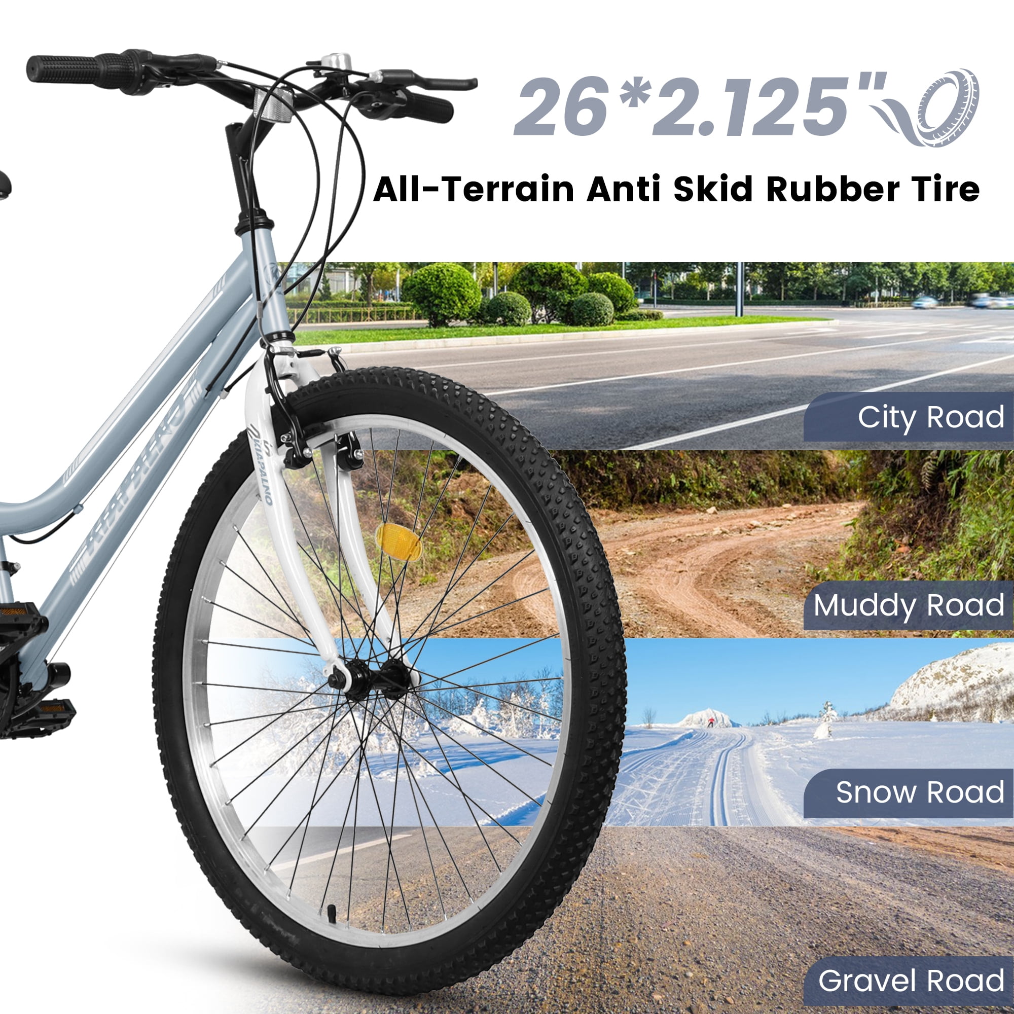 26 Inch Mountain Bike for Women, 21 Speed Mountain Bicycle with V-Brake and Carbon Steel Frame, Female Commuting City Bike to School Work, Silver-Grey