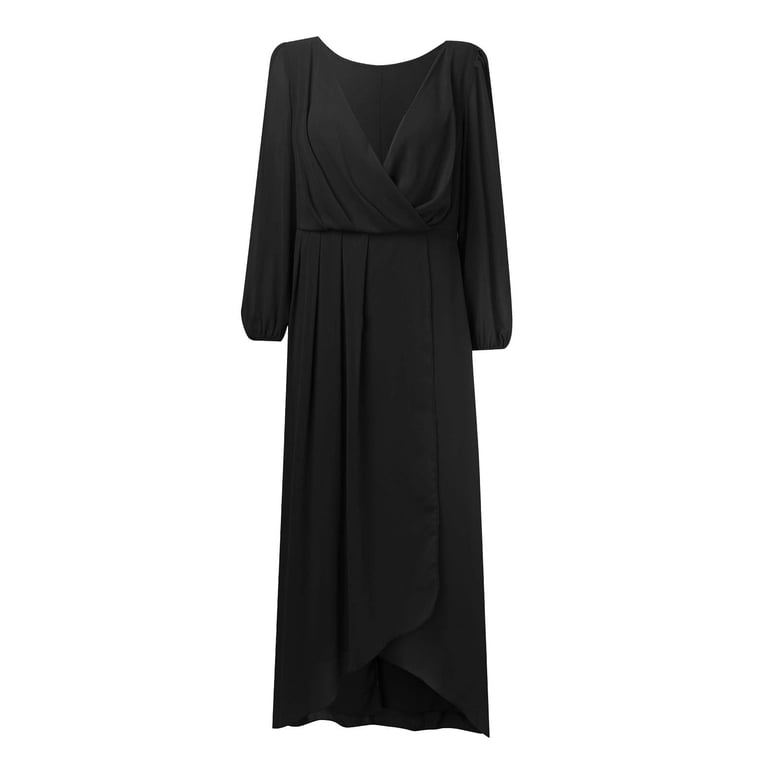 ladies monochrome dresses Tisuna Black Chiffon Dress For Woman Solid Color 3/4 Sleeve V Neck Dresses  Ladies Fashion Midi Wedding Guest Dress Size S