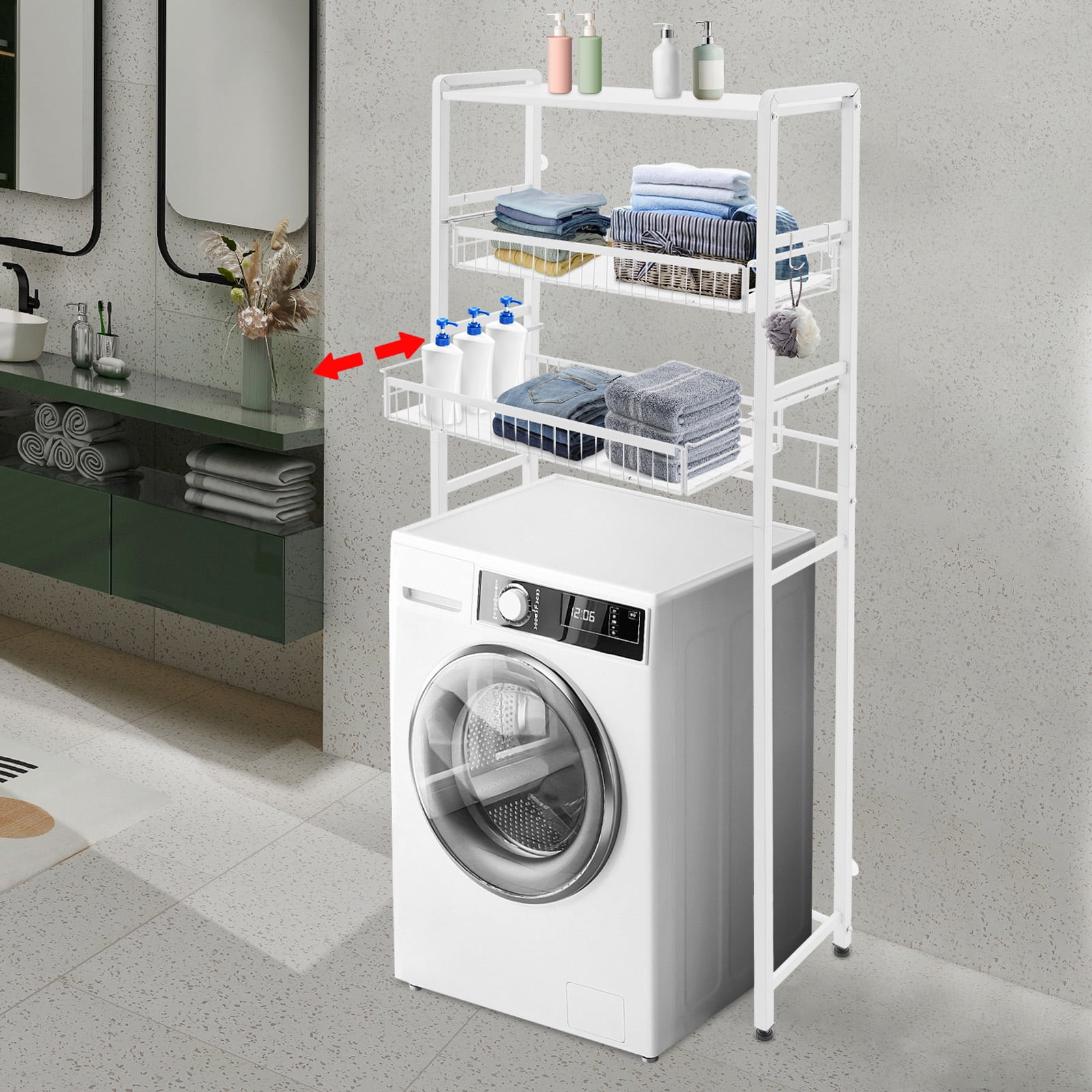White Washer Dryer Stacking Rack Stand, Dryer Storage Shelf with 3 Tiered Shelf, Space Saver Shelving Units Freestanding Closet Organizer Storage with Hooks