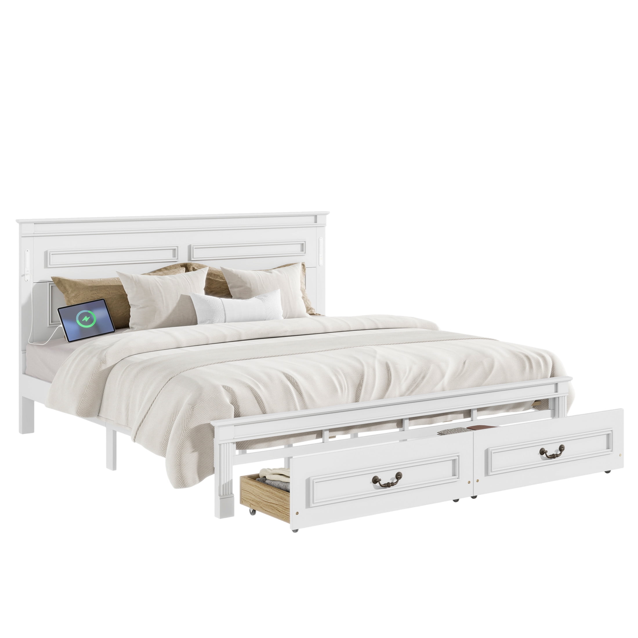 Noble House Corneille King Farmhouse Bed with LED Headboard, USB Charging Station, Storage Drawers, Pine Wood, White