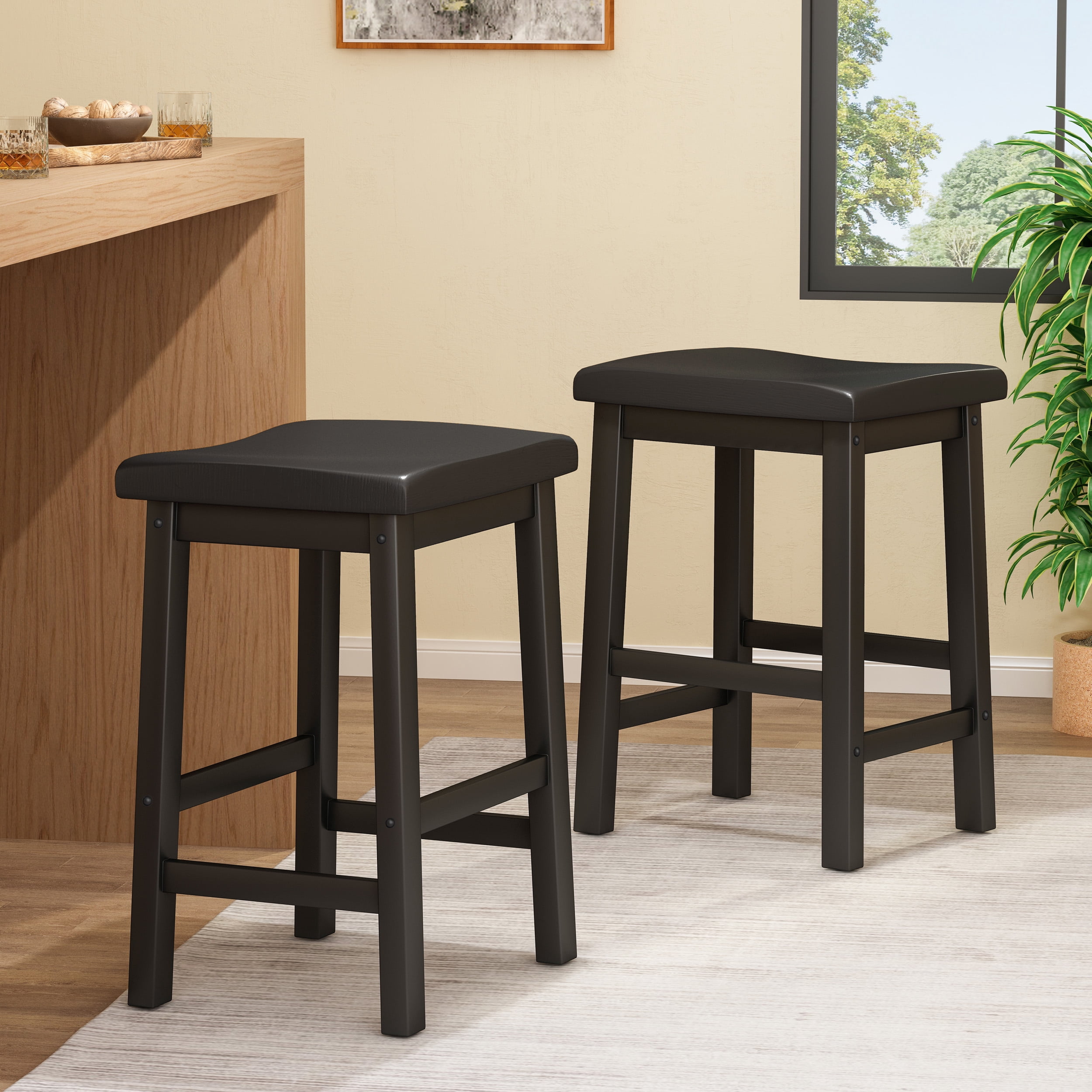 Noble House Paulson 24in Espresso Wood Saddle Stool (Set of 2)
