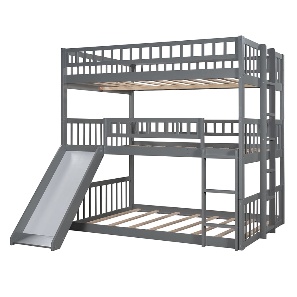 Lowestbest Triple Bed, Loft Bed with Built-in Ladder Slide and Guardrails for Kids, Full