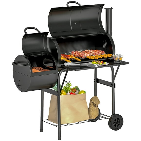 Outsunny Charcoal BBQ Grill with Offset Smoker Barbecue Grill, Black