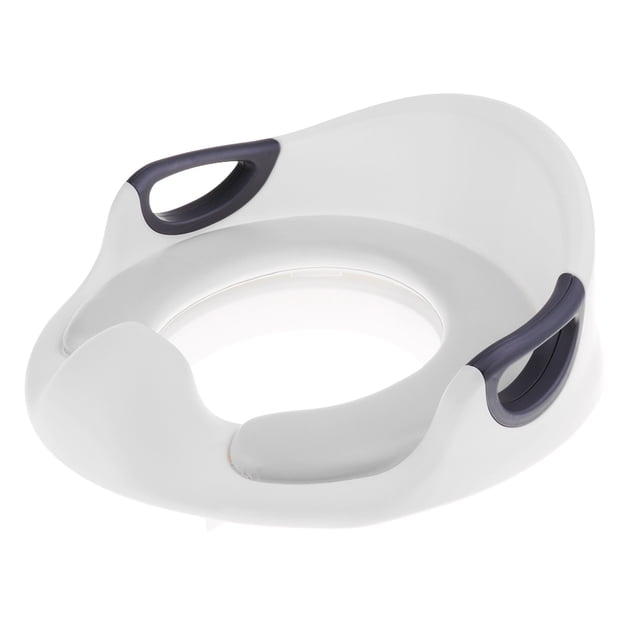 asientos sil de inodoro infantil orinales juego decorativos de dormitorio de sunnimix asientos de entrenamiento para ir al baño Blanco asiento adaptador para inodoro infantil, vista frontal centrada; aro ergonómico de plástico PP blanco con cojín PU incluido y dos asas laterales oscuras integradas para agarre; diseño compacto y perfil bajo que se ajusta a asientos de inodoro regulares, ideal como entrenador de baño y también adecuado para uso portátil en viajes; tamaño exterior aprox. 36.5x33.4x12.5 cm.