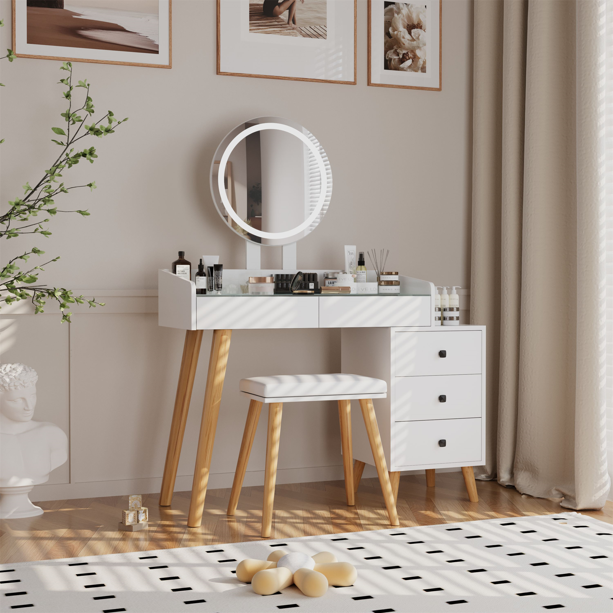 Vastcury Makeup Vanity Desk Set with Round Mirror and LED Light, Modern Vanity with Glass Top and 5 Drawers for Bedroom, White