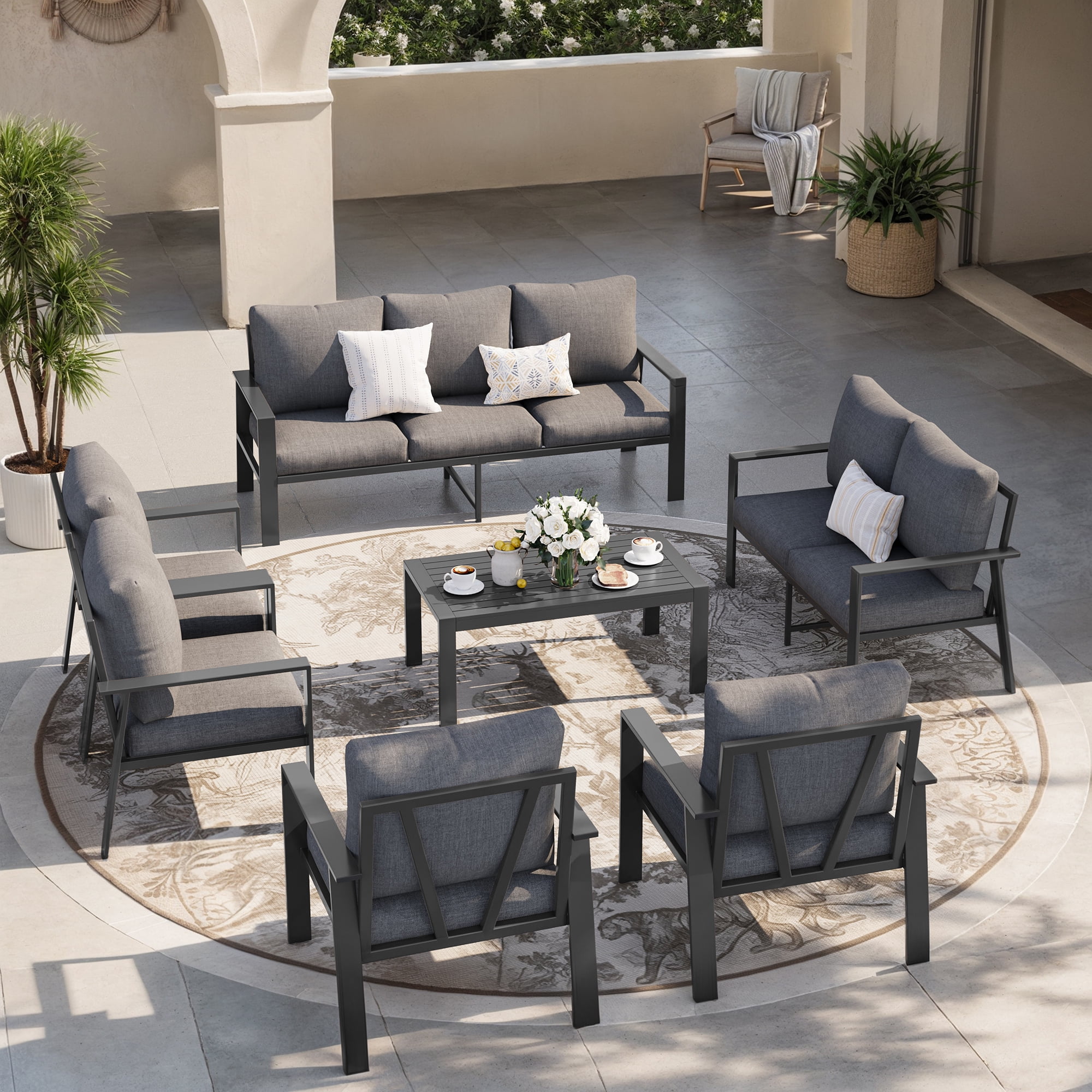 MRUAKA Aluminum Patio Furniture Set, 9 Pcs Modern Outdoor Sofa Sets, Outdoor Sectional Patio Conversation Set with Coffee Table for Backyard, Poolside, Dark Grey