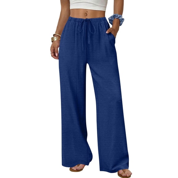 Linen Pants for Women High Waisted Drawstring Wide Leg Pants Summer Flowy Cotton Linen Pant Boho Beach Vacation Clothes 2026 Navy 2XL