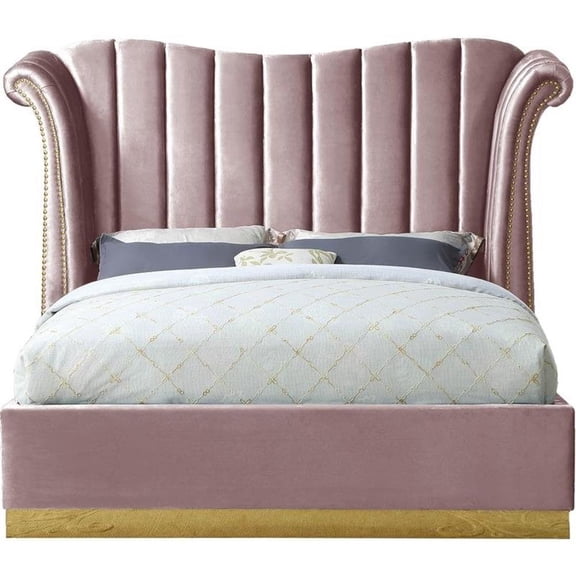 Pemberly Row Contemporary Solid Wood and Velvet King Bed in Pink