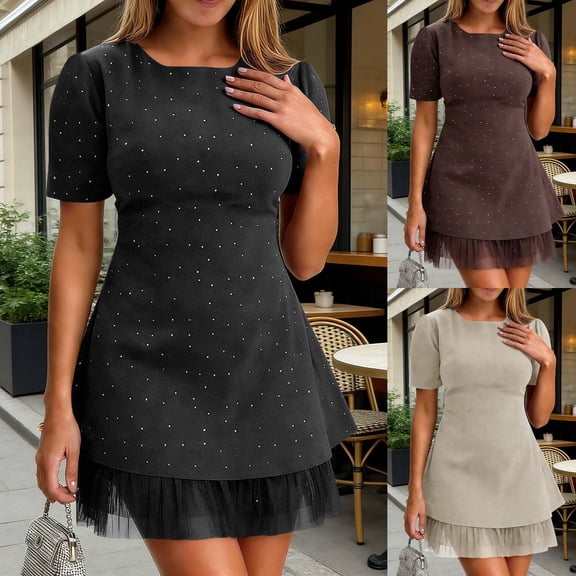 SEMPAI Womens Rhinestones Decor Mesh Hem Mini Dress, Short Sleeve Summer Elegant A-Line Party Cocktail Dresses