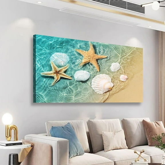 Aaheei Beach Canvas Wall Art Bedroom Wall Decor Living Room,Ocean Wall Art Office Kitchen Paintings Artwork Modern Starfish Shell Sea Wave Pictures Art Prints Waterproof Ready to Hang