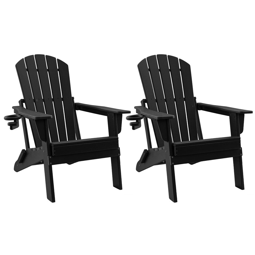 HDPE Folding Adirondack Chair with Cup Holder,Weather-Resistant, Low Maintenance,Supports up to 400lbs,Black