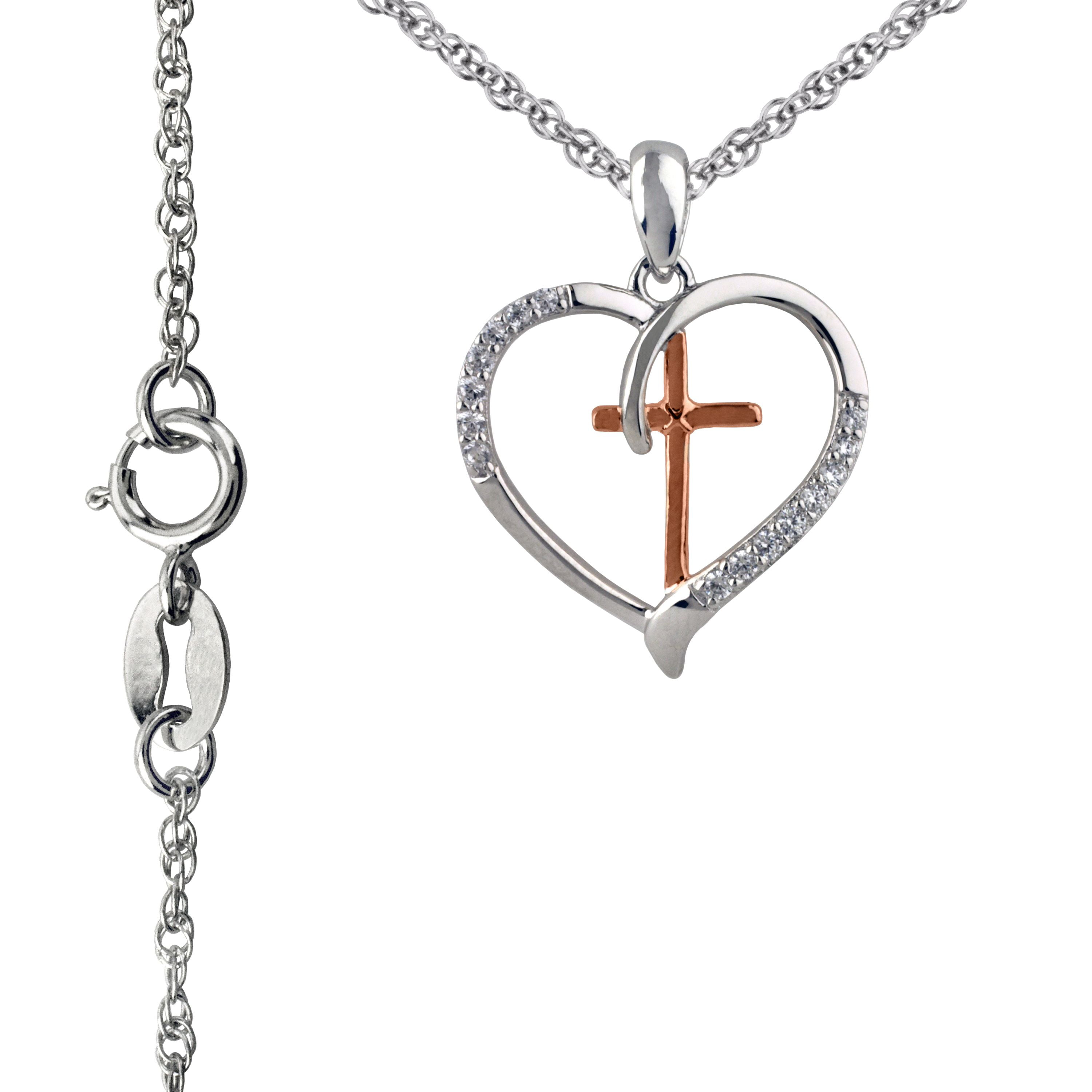 Brilliance Fine Jewelry Simulated Diamond Two Tone Heart/Cross Pendant in Sterling Silver