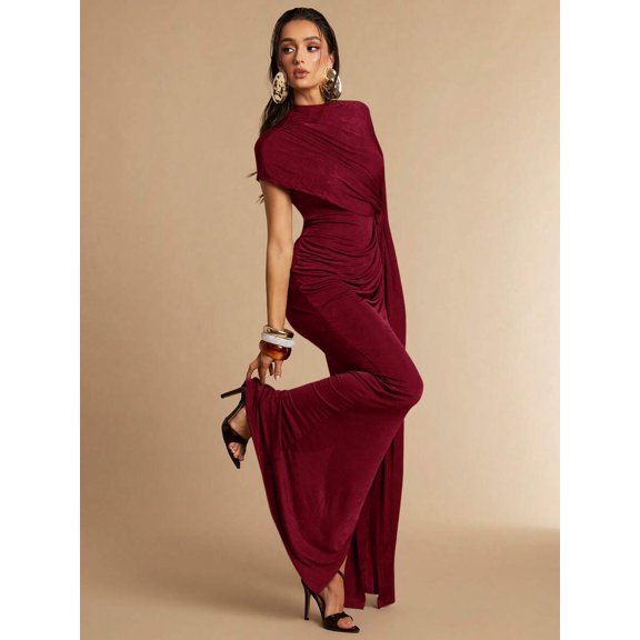 Burgundy Asymmetrical Draped Maxi Dress With Ruched Waist And One-Shoulder