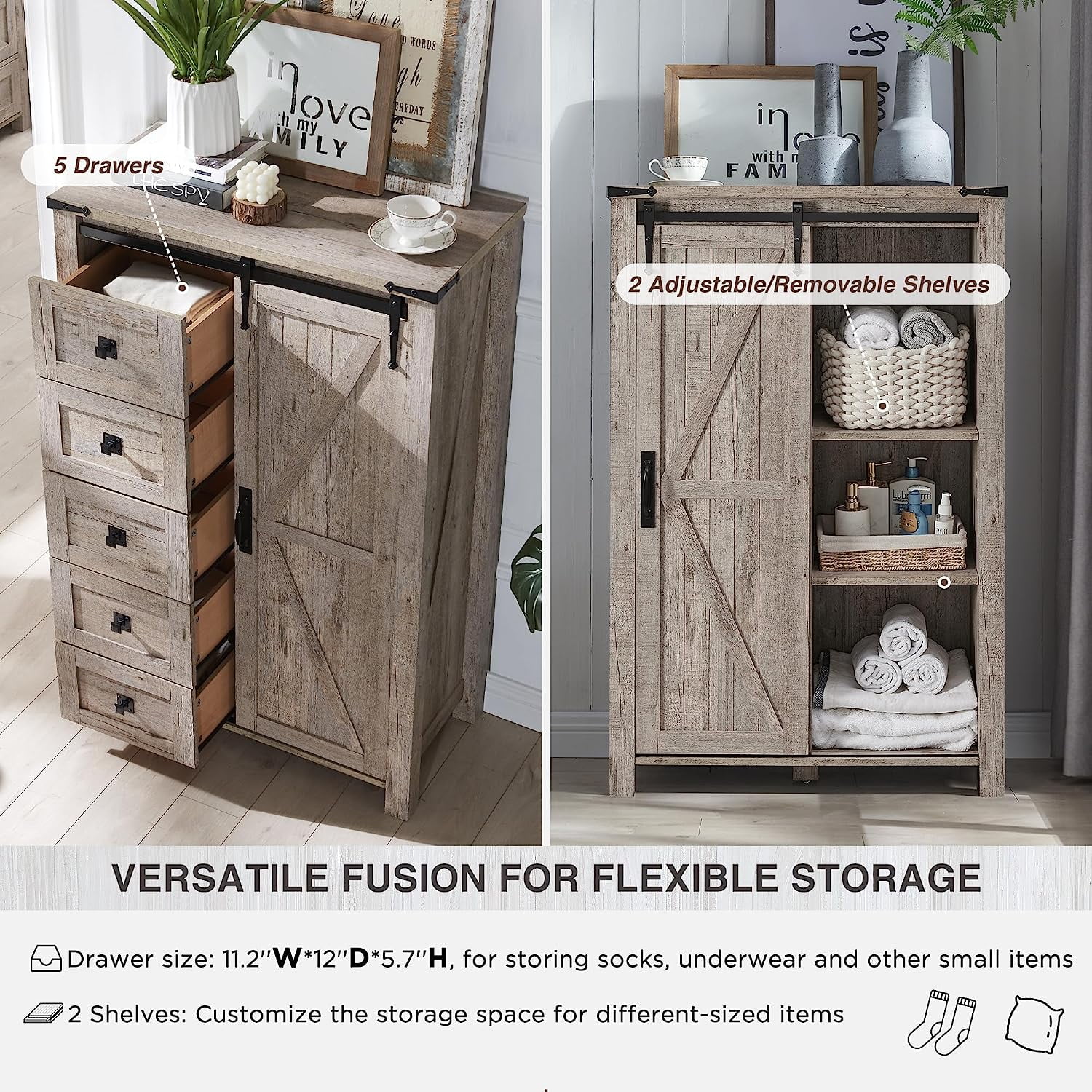OKD Modern Farmhouse 5-Drawer Dresser with Barn Door, Adjustable Storage Cabinet for Bedroom Living Room, Light Rustic Oak