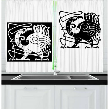 Celtic Love Birds Celtic Curtains 2 Panels Set, Bird Silhouettes Fantastic Animals with Tracery Inspired Ornamental Pattern, Window Drapes for Living Room Bedroom, 55W X 39L Inches, Black and White, by Ambesonne ()