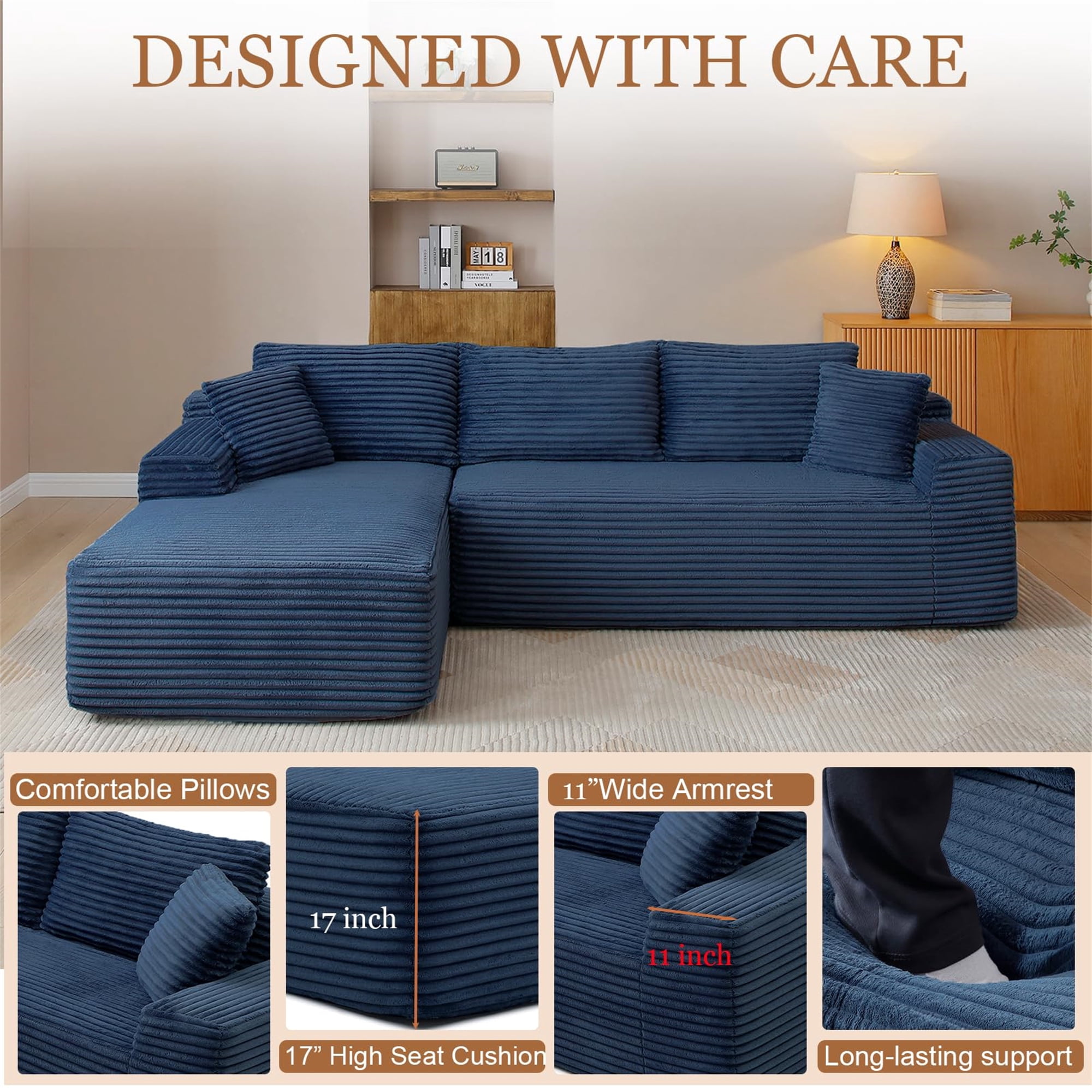 Aukfa 105" Cloud Sectional Sofa Boneless Couch Modular Sofa Bed for Living Room, 2Pillows, Left Chiase, Corduroy, Blue