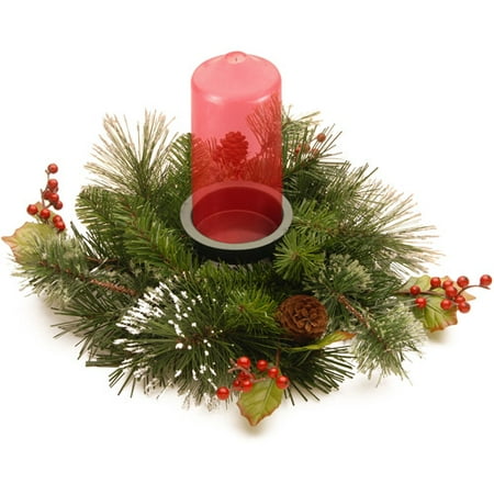 National Tree 12" Wintry Pine Collection Candle Holder with Red Berries, Cones and Holly Leaves