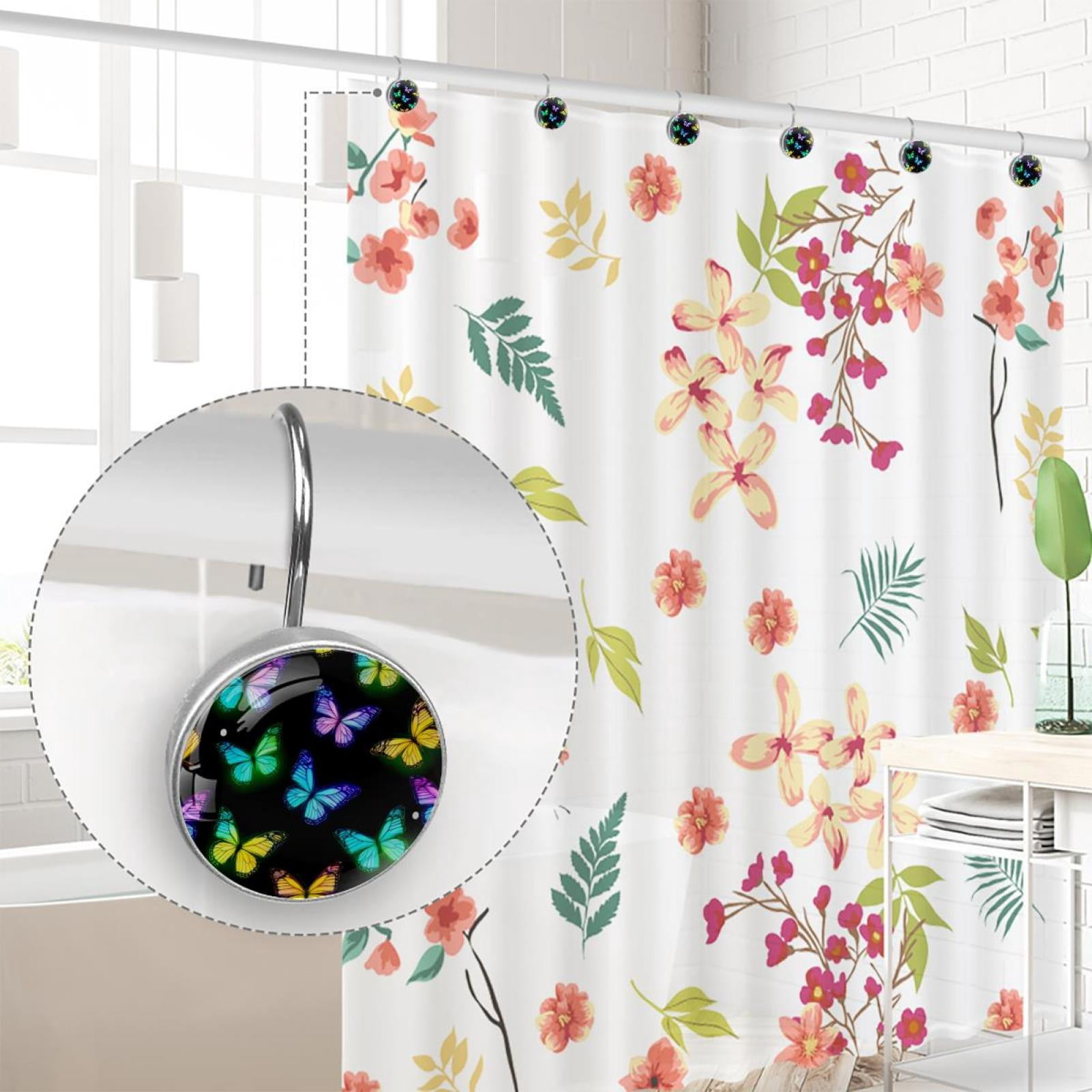 12pcs Decorative Shower Curtain Hooks, Rust Resistant Shower Rings for Bathroom Living Room,Rustproof Stainless Steel Rings for Shower Curtain and Liner Rods,Neon Colorful Butterflies