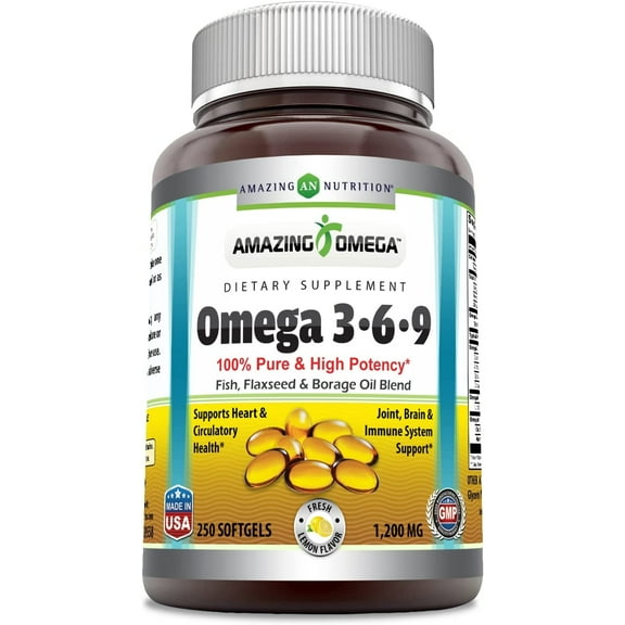 Amazing Omega 3.6.9 1200 mg, 250 Softgels (Lemon Flavor)* Unique Formula Combining Flaxseed Oil 400 mg, Fish Oil 400 mg and Borage Oil 400 mg * Rich in Omega-3, 6 and 9 Fatty Acids *