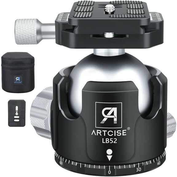 ARTCISE LB52 Low Profile Ball Head Tripod Mount Ball Head 52mm Diameter All Metal CNC Machining with Two 1/4" Quick Release Plates for Tripod, Monopod, DSLR, Camcorder，Max Load 66lbs /30kg