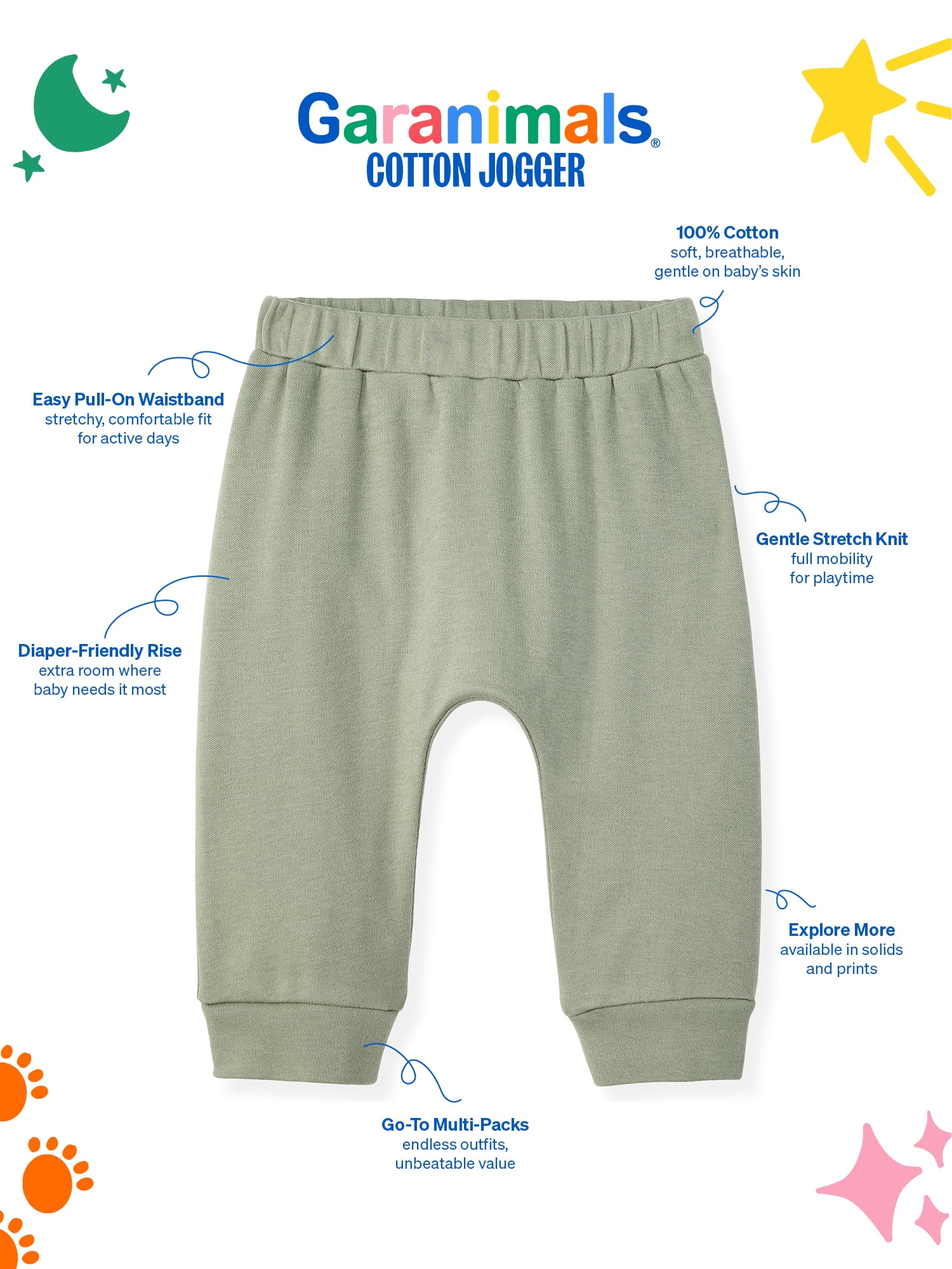 Garanimals Newborn & Baby Boy Cotton Pull-On Joggers, Solids & Prints, 4-Pack, Sizes 0 - 24M