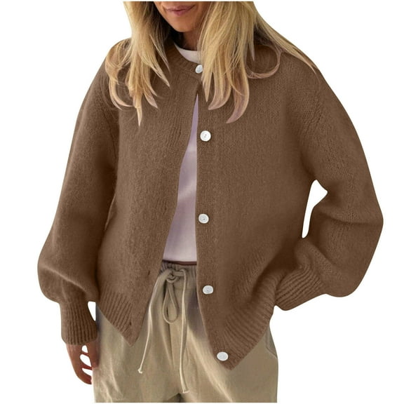 Edvintorg Womens Cardigan Solid Color Crew Neck Long Sleeve Loose Casual Button Down Knit Sweater Womens Fashion S-XL Coffee