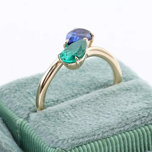Pear-Cut Lab-Created Blue Sapphire and Emerald Bypass Ring in 925 Sterling Silver – Elegant, Vibrant, and Unique Design for Her
