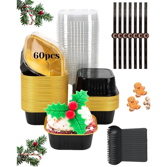 60 Pack 10oz Mini Cake Pans with Lids, Spoons, Stickers - Disposable Square Brownie Baking Cups - Individual Small Aluminum Foil Loaf Tins for Muffin, Ramekins, Cupcake - Catering, Gift, Black