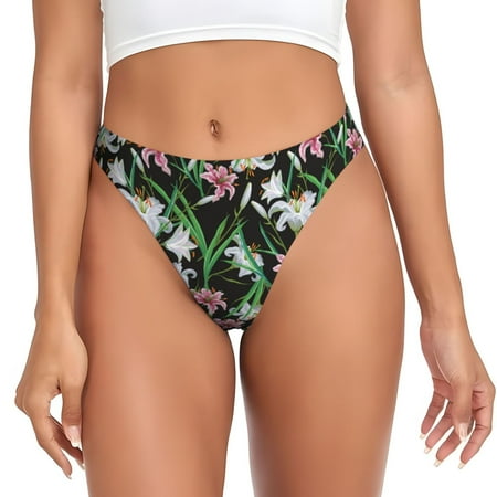 Lilies Flowers Black Pink Thongs for Women - No Show Seamless Womens Thongs Underwear  Stretch G String Thongs for Women  Ladies Breathable Sexy Thong Bikini Panties Briefs