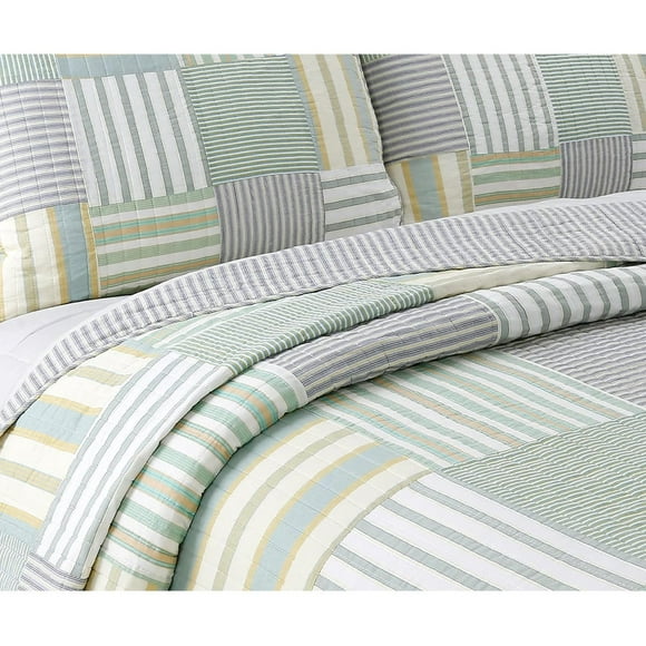 CNKOO Comforter Set Queen Size  3-Piece Coverlet Set for Night Sleep  Bedding Quilt with Green Yellow Blue Plaid Striped Real Patchwork