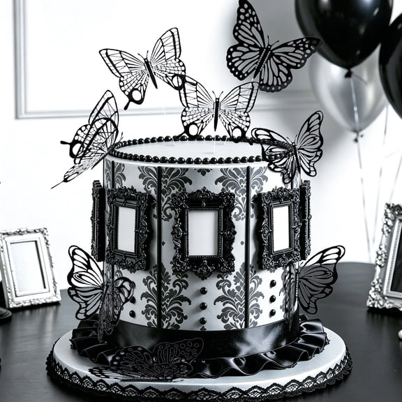 Gothic Black Cake Decorations Set - Dark Aesthetic Retro Frame & Butterfly Toppers for Themed Parties