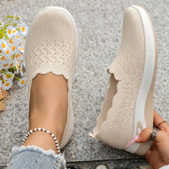 Hinvhai Women's Walking Shoes Elastic Knit Lightweight Comfort Slip on Breathable Yoga Sneakers Beige 7.5(40)